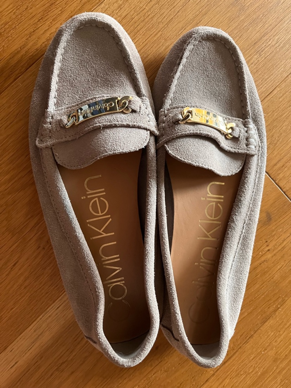 Calvin Klein Taupe Suede Loafers with Gold Accent - Women’s Slip-On Flats
